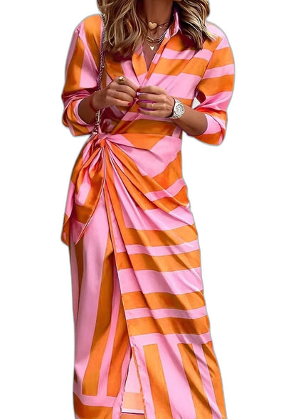 Elegant Geometric Maxi Dress for Women with Collared Long Sleeve Wrap Belted Party Style