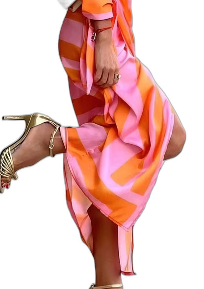Elegant Geometric Maxi Dress for Women with Collared Long Sleeve Wrap Belted Party Style