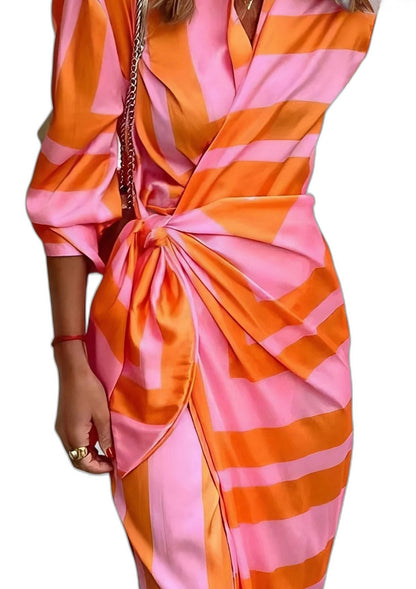 Elegant Geometric Maxi Dress for Women with Collared Long Sleeve Wrap Belted Party Style