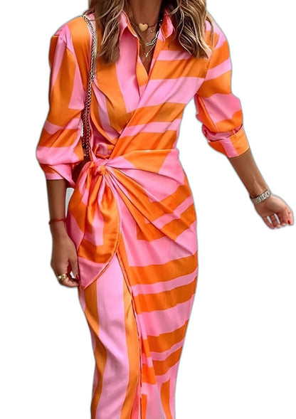 Elegant Geometric Maxi Dress for Women with Collared Long Sleeve Wrap Belted Party Style