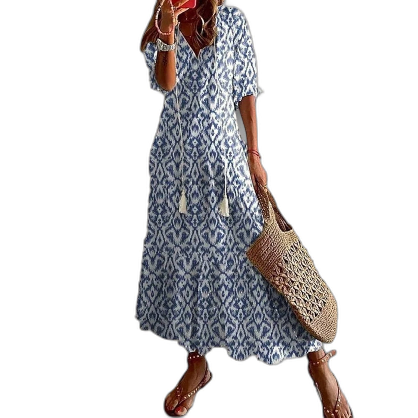 Elegant Geometric Maxi Dress for Women with V Neck Short Sleeve Tiered Flowing Vacation Style
