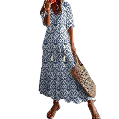 Elegant Geometric Maxi Dress for Women with V Neck Short Sleeve Tiered Flowing Vacation Style