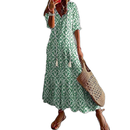 Elegant Geometric Maxi Dress for Women with V Neck Short Sleeve Tiered Flowing Vacation Style