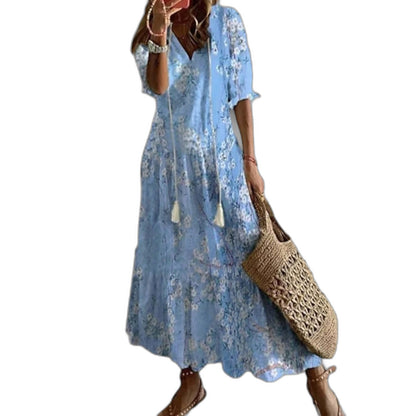 Elegant Geometric Maxi Dress for Women with V Neck Short Sleeve Tiered Flowing Vacation Style