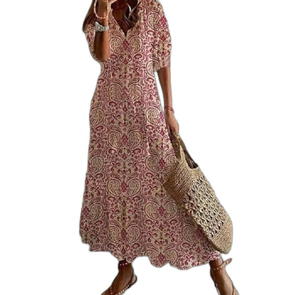 Elegant Geometric Maxi Dress for Women with V Neck Short Sleeve Tiered Flowing Vacation Style
