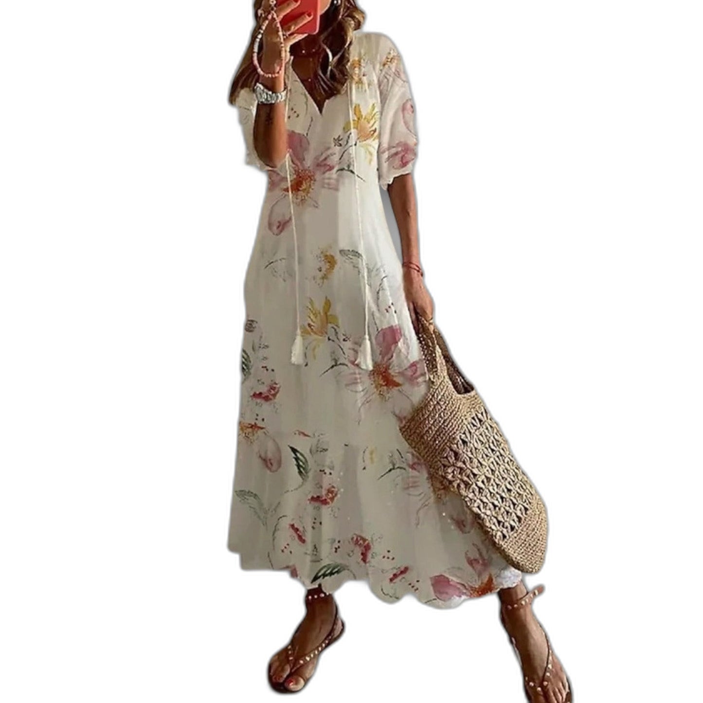 Elegant Geometric Maxi Dress for Women with V Neck Short Sleeve Tiered Flowing Vacation Style