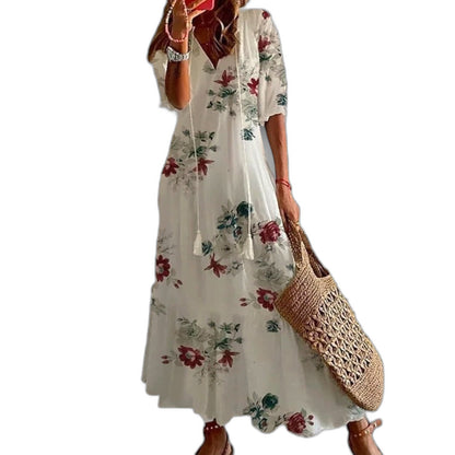 Elegant Geometric Maxi Dress for Women with V Neck Short Sleeve Tiered Flowing Vacation Style