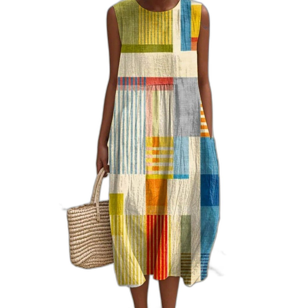 Elegant Geometric Midi Dress for Women with Crew Neck Sleeveless Flowing Vacation Style