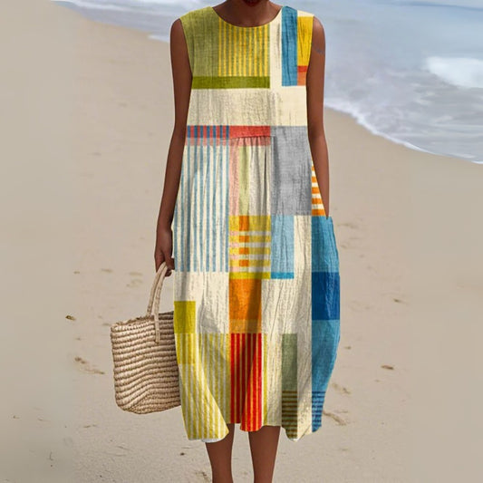 Elegant Geometric Midi Dress for Women with Crew Neck Sleeveless Flowing Vacation Style