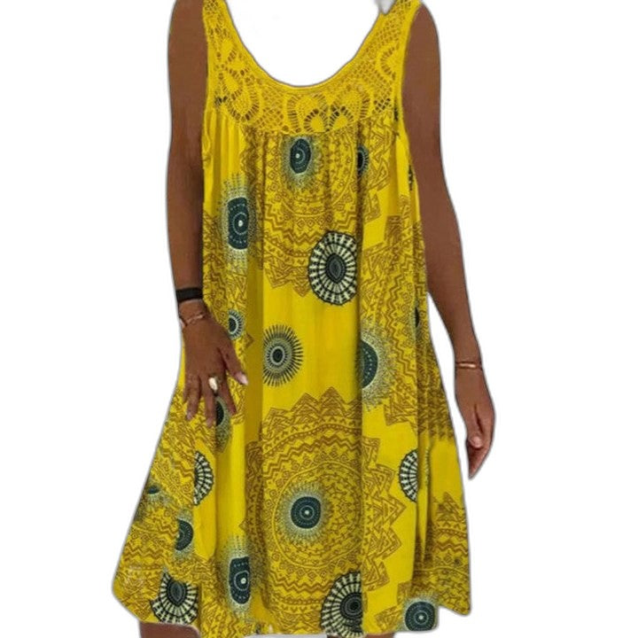 Elegant Geometric Mini Dress for Women with V Neck Sleeveless Flowing Vacation Style