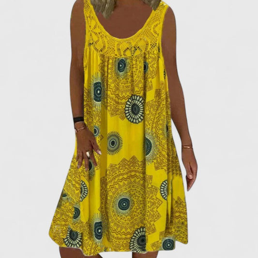 Elegant Geometric Mini Dress for Women with V Neck Sleeveless Flowing Vacation Style