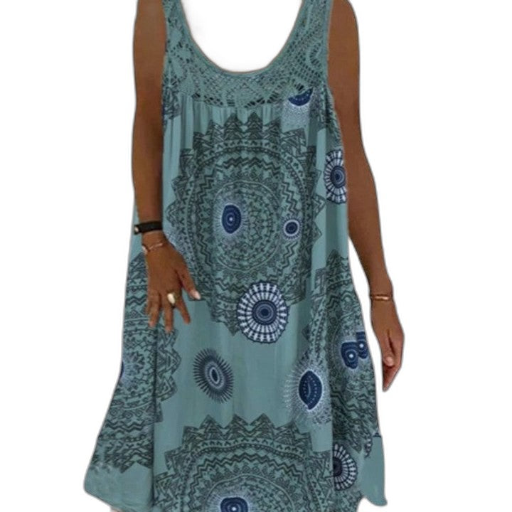Elegant Geometric Mini Dress for Women with V Neck Sleeveless Flowing Vacation Style