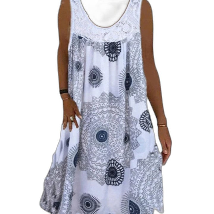 Elegant Geometric Mini Dress for Women with V Neck Sleeveless Flowing Vacation Style