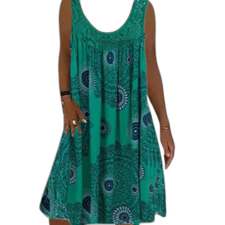Elegant Geometric Mini Dress for Women with V Neck Sleeveless Flowing Vacation Style