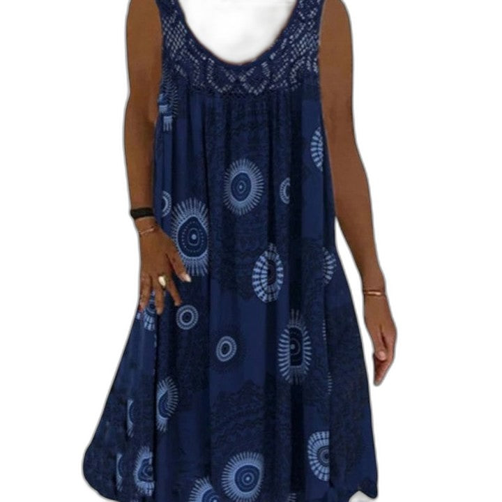 Elegant Geometric Mini Dress for Women with V Neck Sleeveless Flowing Vacation Style