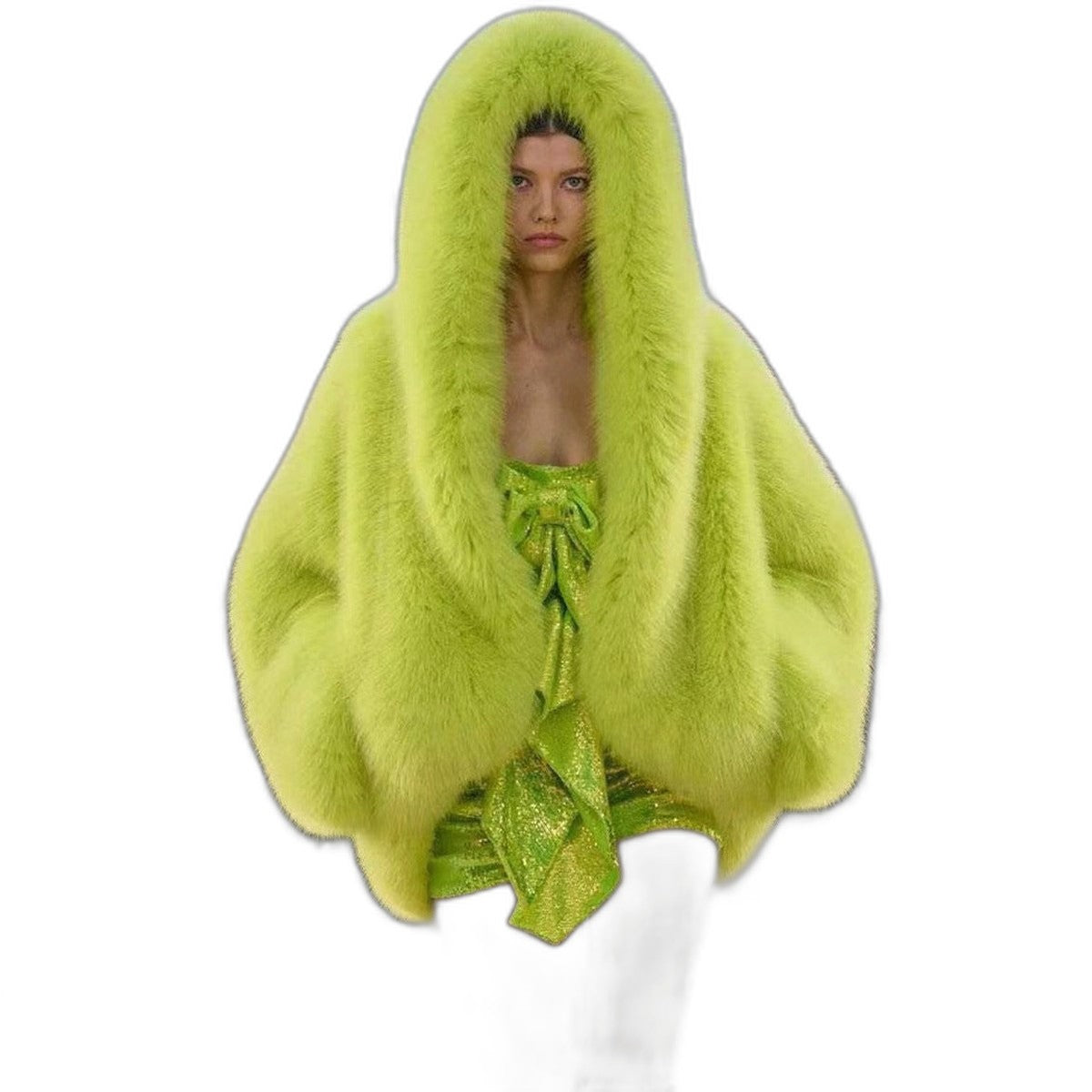 Elegant Green Jacket for Women with Long Sleeve Oversized Hooded Fur Lined Party Style