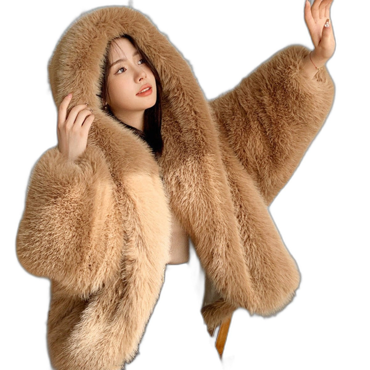Elegant Green Jacket for Women with Long Sleeve Oversized Hooded Fur Lined Party Style