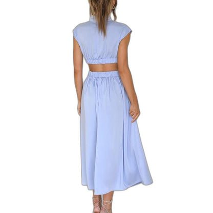 Elegant Green Midi Dress for Women with High Neck Cap Sleeve Pleated Cutout Cocktail Style