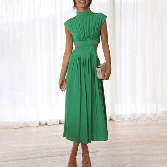 Elegant Green Midi Dress for Women with High Neck Cap Sleeve Pleated Cutout Cocktail Style
