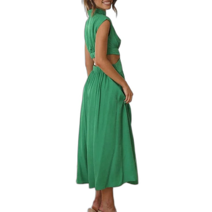 Elegant Green Midi Dress for Women with High Neck Cap Sleeve Pleated Cutout Cocktail Style