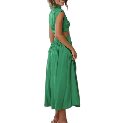 Elegant Green Midi Dress for Women with High Neck Cap Sleeve Pleated Cutout Cocktail Style