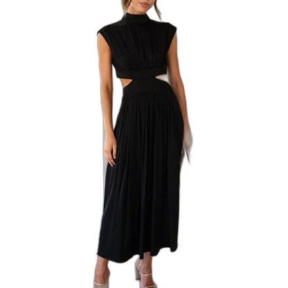 Elegant Green Midi Dress for Women with High Neck Cap Sleeve Pleated Cutout Cocktail Style