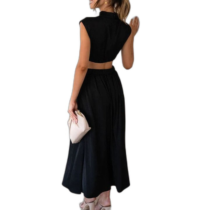 Elegant Green Midi Dress for Women with High Neck Cap Sleeve Pleated Cutout Cocktail Style