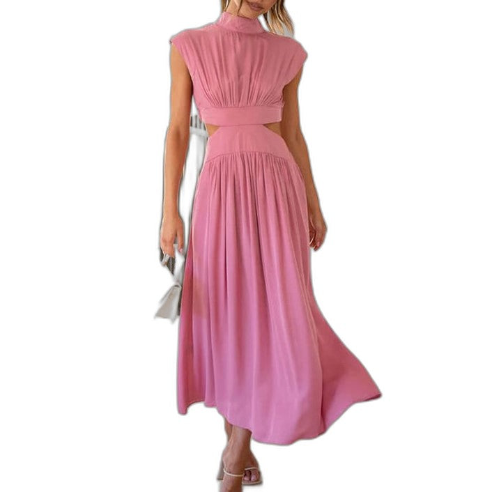 Elegant Green Midi Dress for Women with High Neck Cap Sleeve Pleated Cutout Cocktail Style