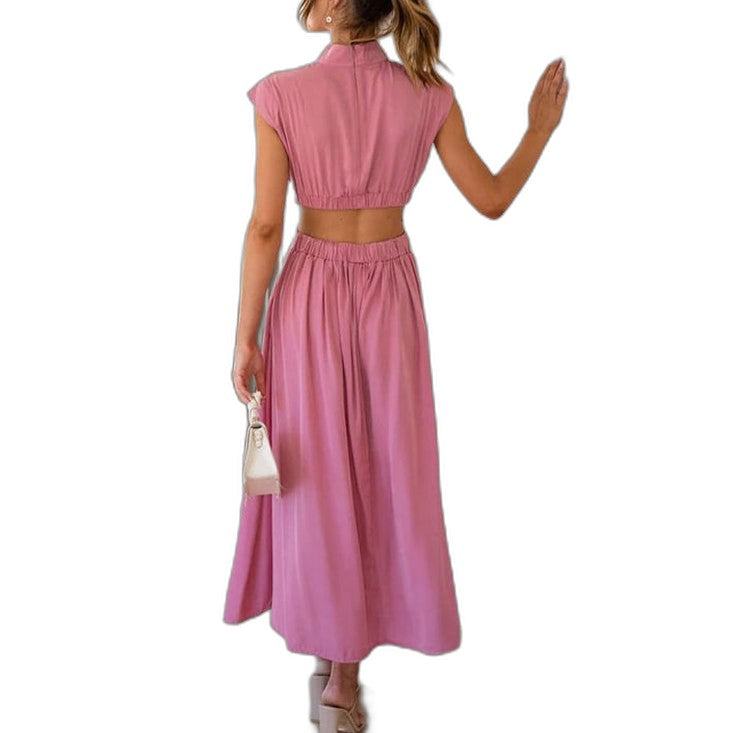 Elegant Green Midi Dress for Women with High Neck Cap Sleeve Pleated Cutout Cocktail Style