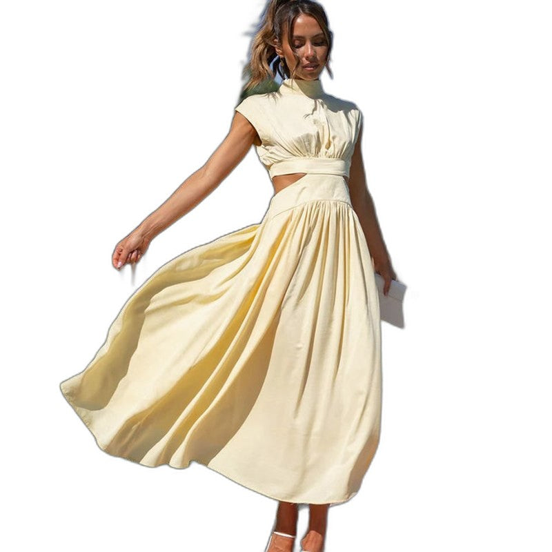 Elegant Green Midi Dress for Women with High Neck Cap Sleeve Pleated Cutout Cocktail Style