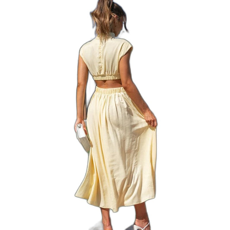 Elegant Green Midi Dress for Women with High Neck Cap Sleeve Pleated Cutout Cocktail Style