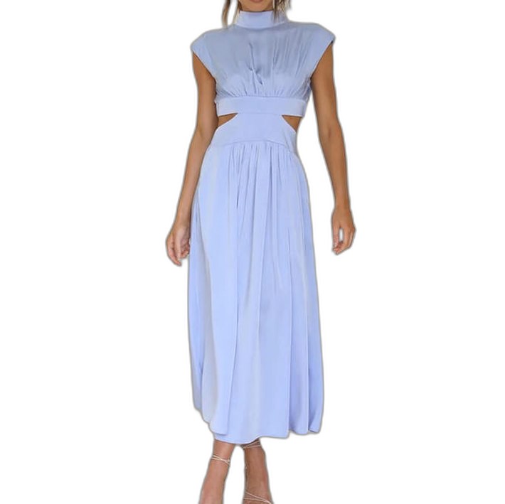 Elegant Green Midi Dress for Women with High Neck Cap Sleeve Pleated Cutout Cocktail Style