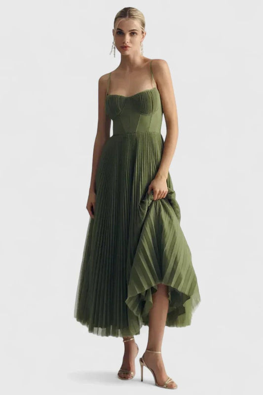 Elegant Green Midi Dress for Women with Strapless A Line Tiered Cocktail Style