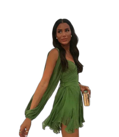 Elegant Green Mini Dress for Women with V Neck Sleeveless Ruched Ruffle Party Style
