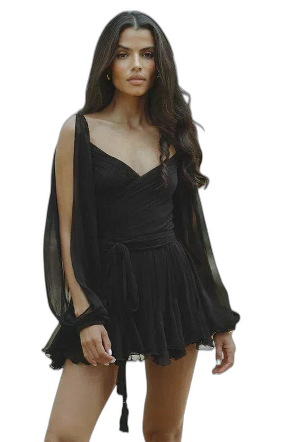 Elegant Green Mini Dress for Women with V Neck Sleeveless Ruched Ruffle Party Style