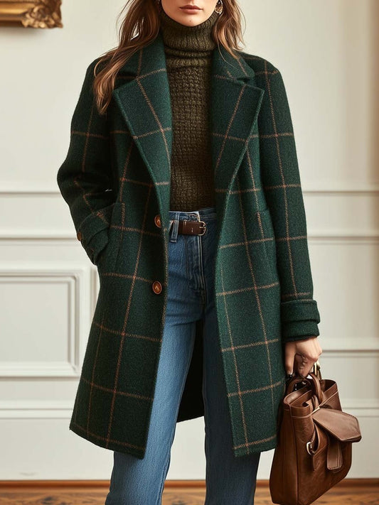 Elegant Green Plaid Coat for Women with Collared Long Sleeve Button Front Office Style