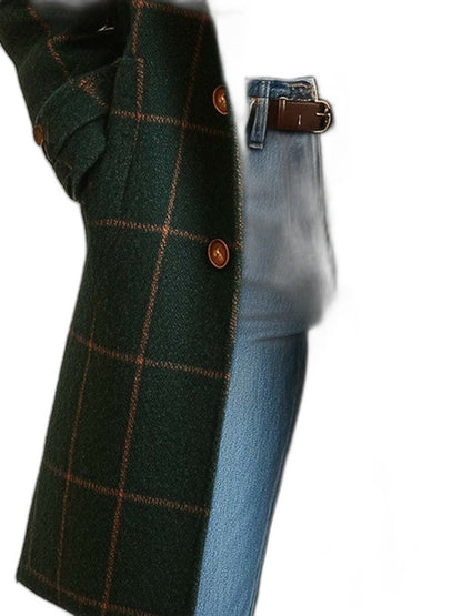 Elegant Green Plaid Coat for Women with Collared Long Sleeve Button Front Office Style