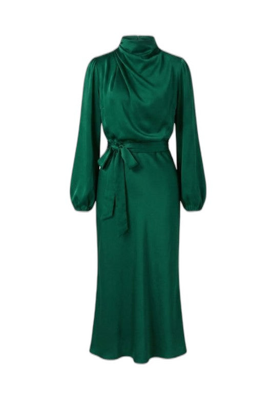 Elegant Green Satin Midi Dress for Women with High Neck Long Sleeve Wrap Belted Cocktail Style