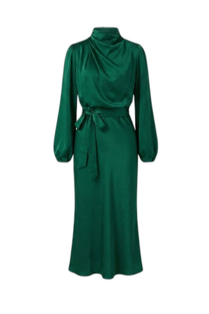 Elegant Green Satin Midi Dress for Women with High Neck Long Sleeve Wrap Belted Cocktail Style
