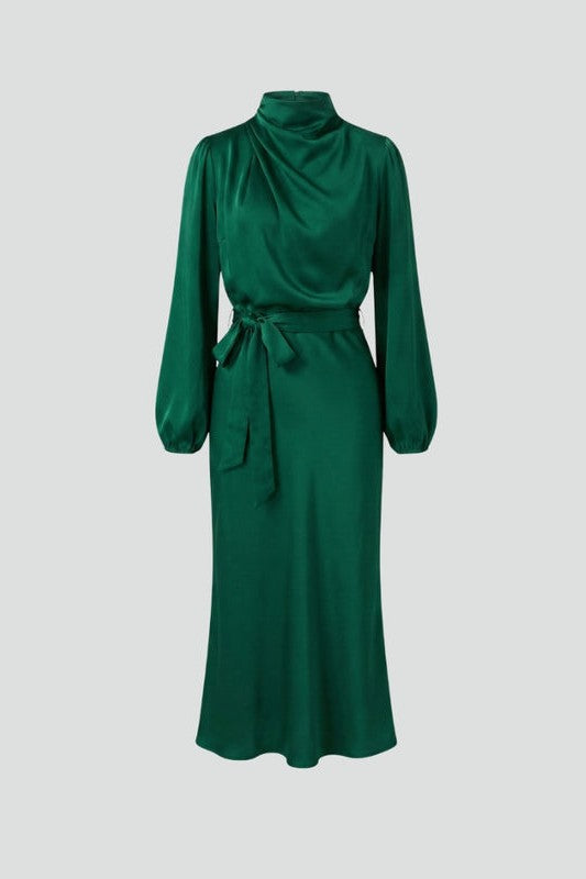 Elegant Green Satin Midi Dress for Women with High Neck Long Sleeve Wrap Belted Cocktail Style