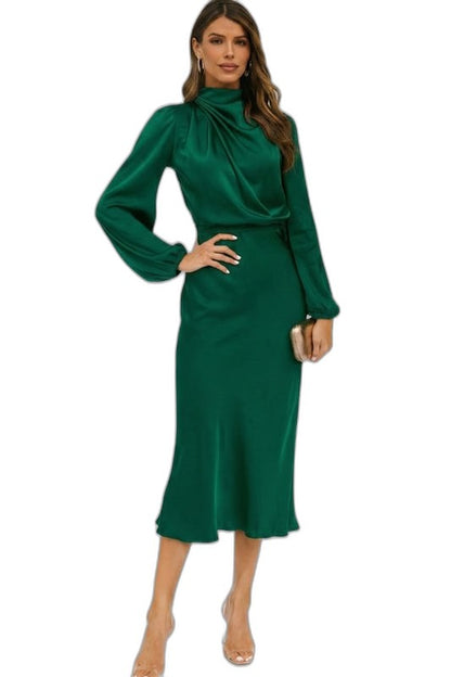 Elegant Green Satin Midi Dress for Women with High Neck Long Sleeve Wrap Belted Cocktail Style