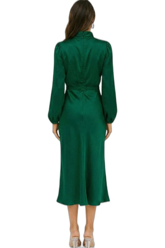 Elegant Green Satin Midi Dress for Women with High Neck Long Sleeve Wrap Belted Cocktail Style