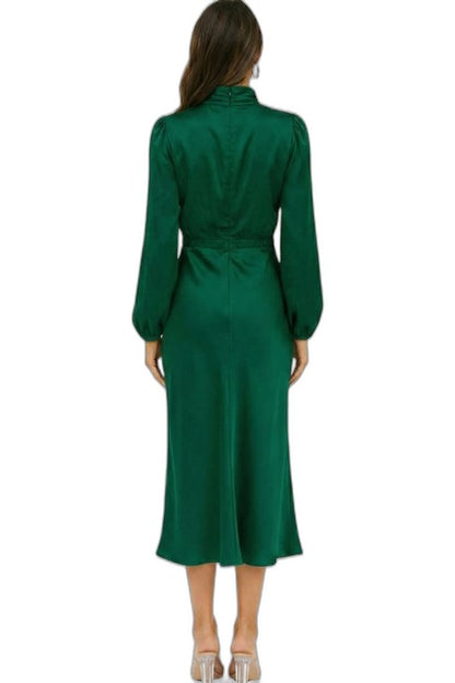 Elegant Green Satin Midi Dress for Women with High Neck Long Sleeve Wrap Belted Cocktail Style