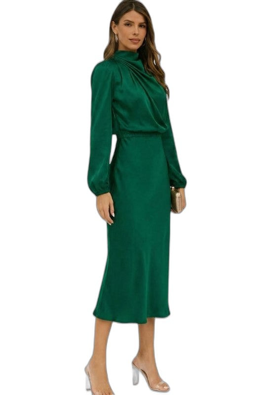 Elegant Green Satin Midi Dress for Women with High Neck Long Sleeve Wrap Belted Cocktail Style