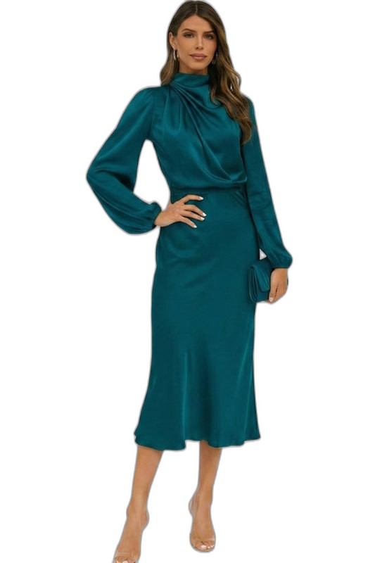 Elegant Green Satin Midi Dress for Women with High Neck Long Sleeve Wrap Belted Cocktail Style