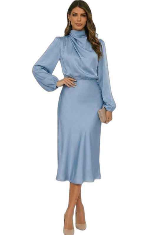 Elegant Green Satin Midi Dress for Women with High Neck Long Sleeve Wrap Belted Cocktail Style