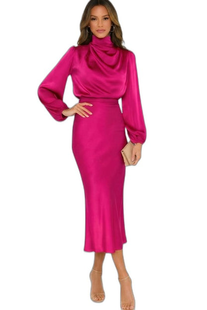 Elegant Green Satin Midi Dress for Women with High Neck Long Sleeve Wrap Belted Cocktail Style