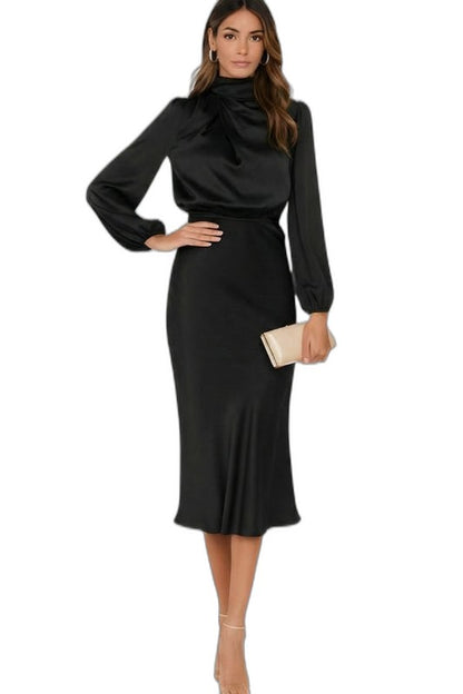 Elegant Green Satin Midi Dress for Women with High Neck Long Sleeve Wrap Belted Cocktail Style