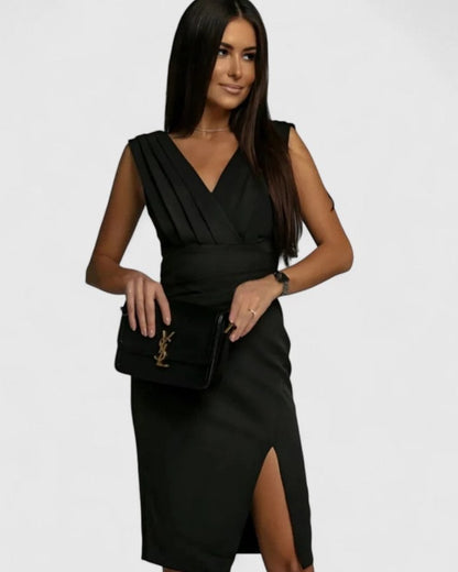 Elegant Green Satin Midi Dress for Women with V Neck Sleeveless Bodycon Wrap Cocktail Style