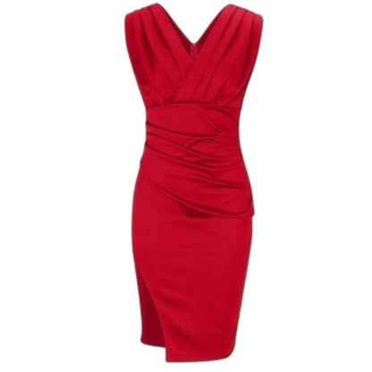 Elegant Green Satin Midi Dress for Women with V Neck Sleeveless Bodycon Wrap Cocktail Style